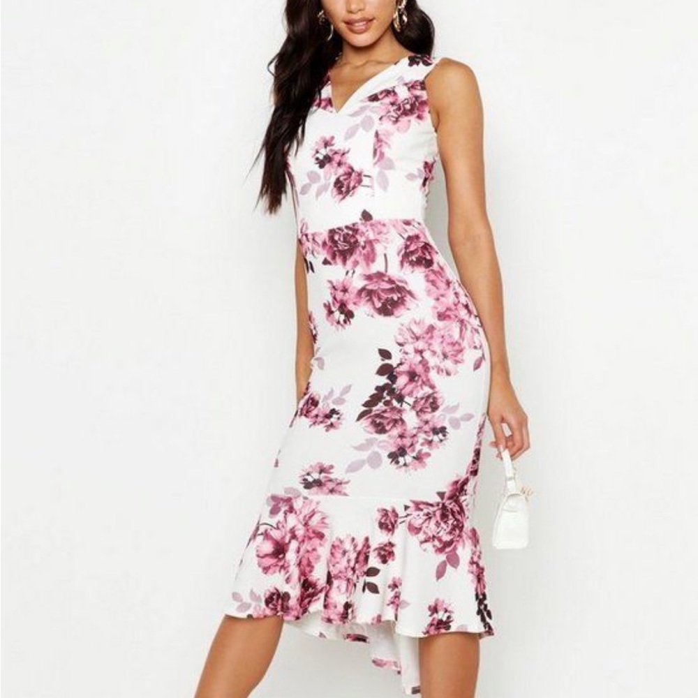 Boohoo Floral Bardot Fishtail Midi Dress